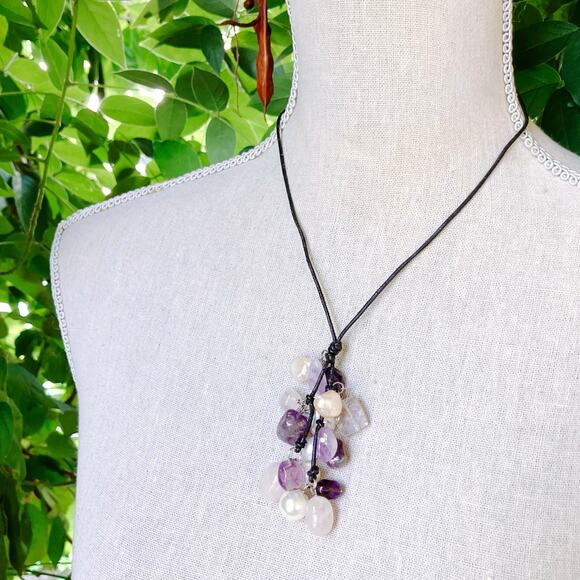 VTG Pendant Necklace 17" Gemstone Amethyst Rose Quartz Freshwater Pearl Cluster - Picture 5 of 14